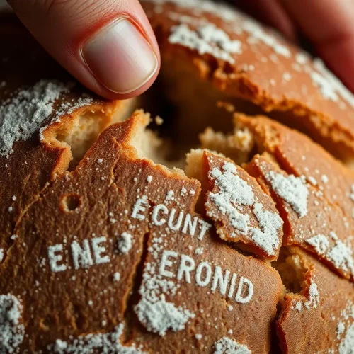 Ocena tego, czy skórka od chleba jest zdrowa: zbliżenie na chrupiącą, ciemną i apetyczną skórkę rzemieślniczego chleba na zakwasie.