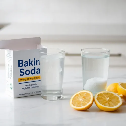 Szklanka wody z sodą oczyszczoną, która pokazuje, czy soda oczyszczona jest zdrowa i jak ją bezpiecznie stosować.