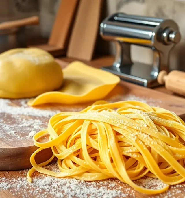 Prosty przepis na domowy makaron tagliatelle, pokazujący ciasto, rozwałkowany płat i świeżo pokrojone wstążki makaronu.