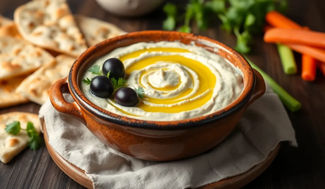 Aromatyczna grecka pasta z bakłażana (Melitzanosalata), podana w miseczce z oliwą, idealna jako przystawka meze.
