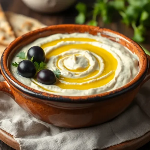 Aromatyczna grecka pasta z bakłażana (Melitzanosalata), podana w miseczce z oliwą, idealna jako przystawka meze.