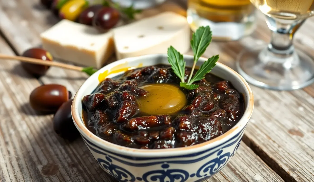 Aromatyczna, grecka pasta z oliwek Kalamata w miseczce. Prosty przepis na tradycyjne, greckie meze.