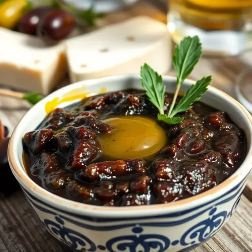 Aromatyczna, grecka pasta z oliwek Kalamata w miseczce. Prosty przepis na tradycyjne, greckie meze.