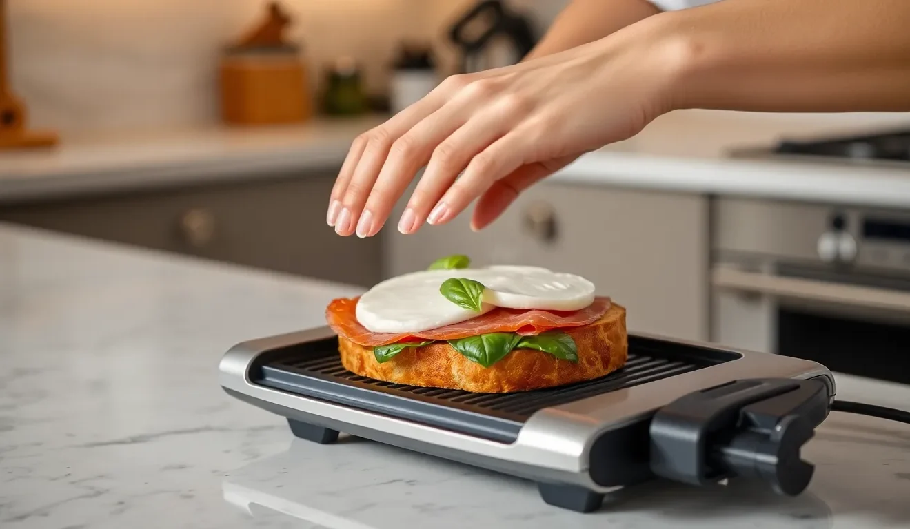 Osoba, która pokazuje, jak używać grilla elektrycznego kontaktowego do przygotowania pysznego, włoskiego panini z szynką i mozzarellą.