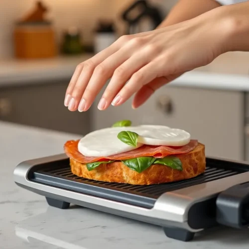 Osoba, która pokazuje, jak używać grilla elektrycznego kontaktowego do przygotowania pysznego, włoskiego panini z szynką i mozzarellą.