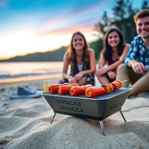 Osoby, które pokazują, jak używać grilla jednorazowego do smażenia kiełbasek na spontanicznym pikniku w plenerze.