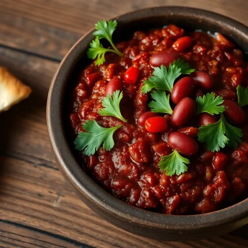 Prosty przepis na gruzińską pastę z czerwonej fasoli Lobio, podaną w glinianej misce ze świeżą kolendrą.