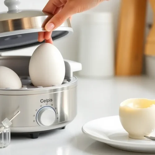 Osoba wkładająca jajko do jajowaru, co ilustruje, jak używać tego urządzenia.