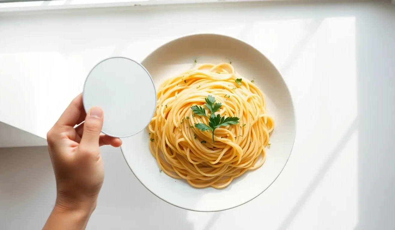 Osoba, która pokazuje, jak używać blendy fotograficznej do rozjaśnienia cieni na talerzu z apetycznym włoskim makaronem.