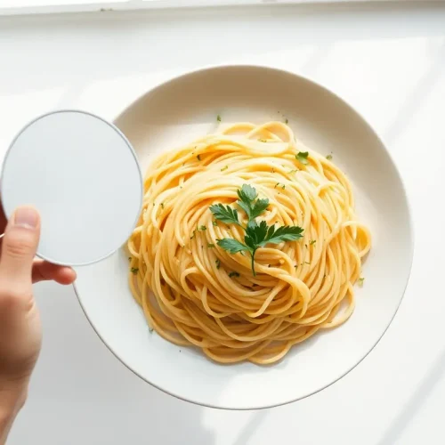 Osoba, która pokazuje, jak używać blendy fotograficznej do rozjaśnienia cieni na talerzu z apetycznym włoskim makaronem.