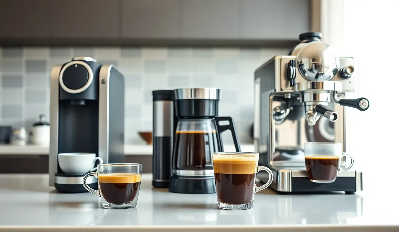 Trzy rodzaje ekspresów do kawy - na kapsułki, przelewowy i kolbowy - wyjaśniające jak ich używać.