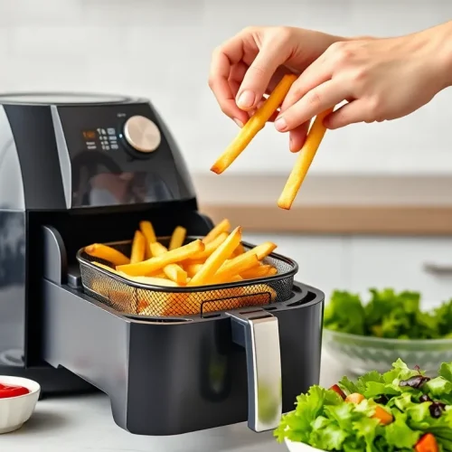 Osoba wyjmująca kosz z frytkami z frytkownicy beztłuszczowej, co pokazuje jak używać airfryera.