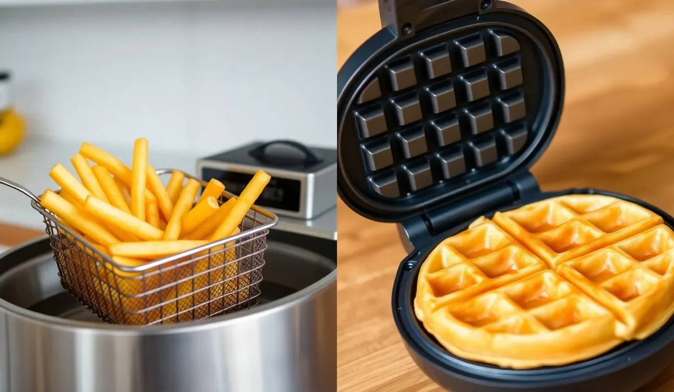 Koszyk z frytkami wyjmowany z frytkownicy i gotowy gofr w gofrownicy, co ilustruje, jak używać tych urządzeń.