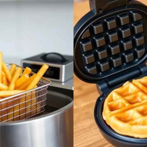 Koszyk z frytkami wyjmowany z frytkownicy i gotowy gofr w gofrownicy, co ilustruje, jak używać tych urządzeń.