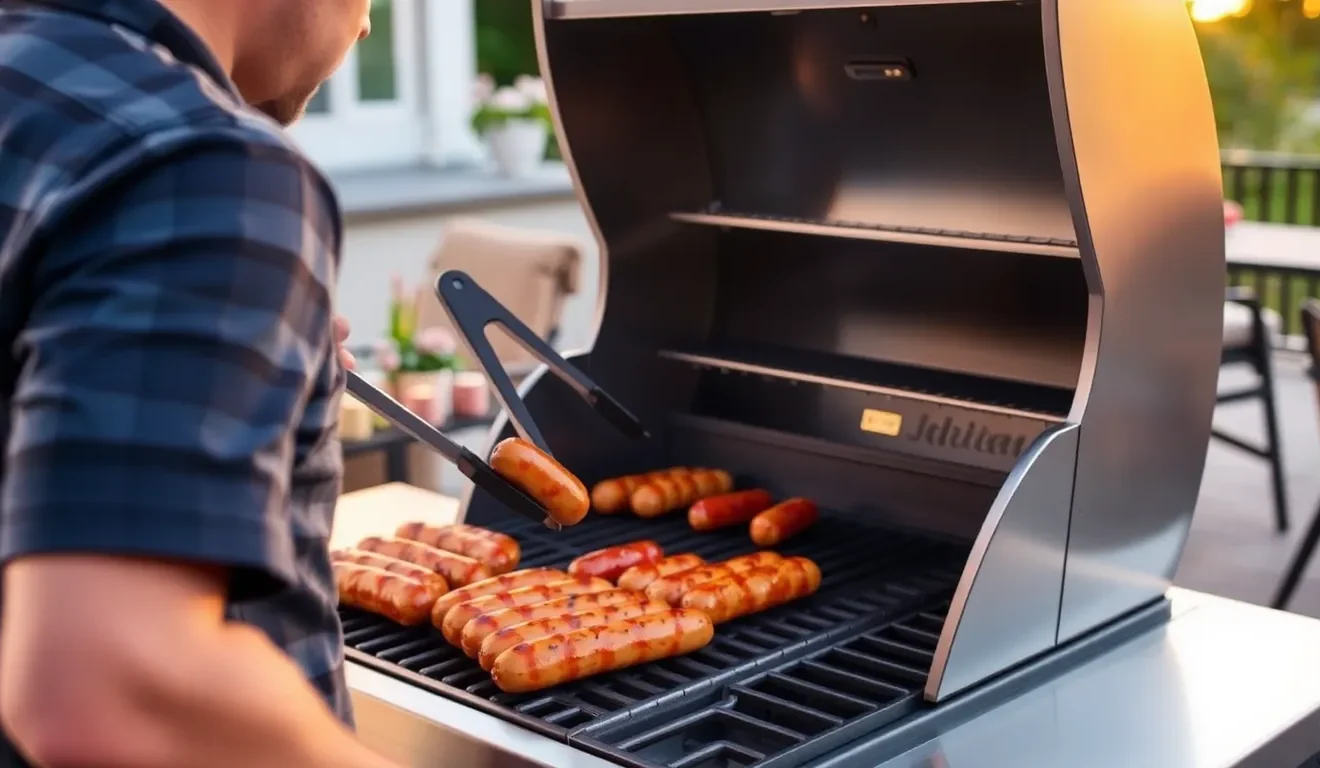 Mężczyzna, który pokazuje jak używać grilla gazowego, układając na rozgrzanym ruszcie włoskie kiełbaski salsiccia.