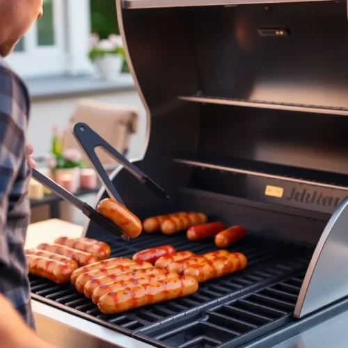 Mężczyzna, który pokazuje jak używać grilla gazowego, układając na rozgrzanym ruszcie włoskie kiełbaski salsiccia.