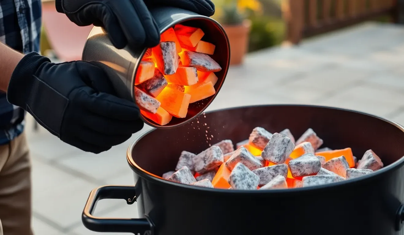 Osoba, która pokazuje, jak używać komina do rozpalania grilla, przesypując idealnie rozżarzony węgiel drzewny na ruszt.