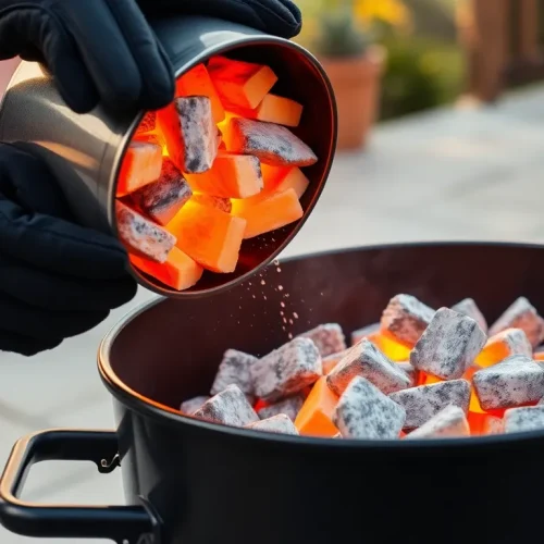 Osoba, która pokazuje, jak używać komina do rozpalania grilla, przesypując idealnie rozżarzony węgiel drzewny na ruszt.