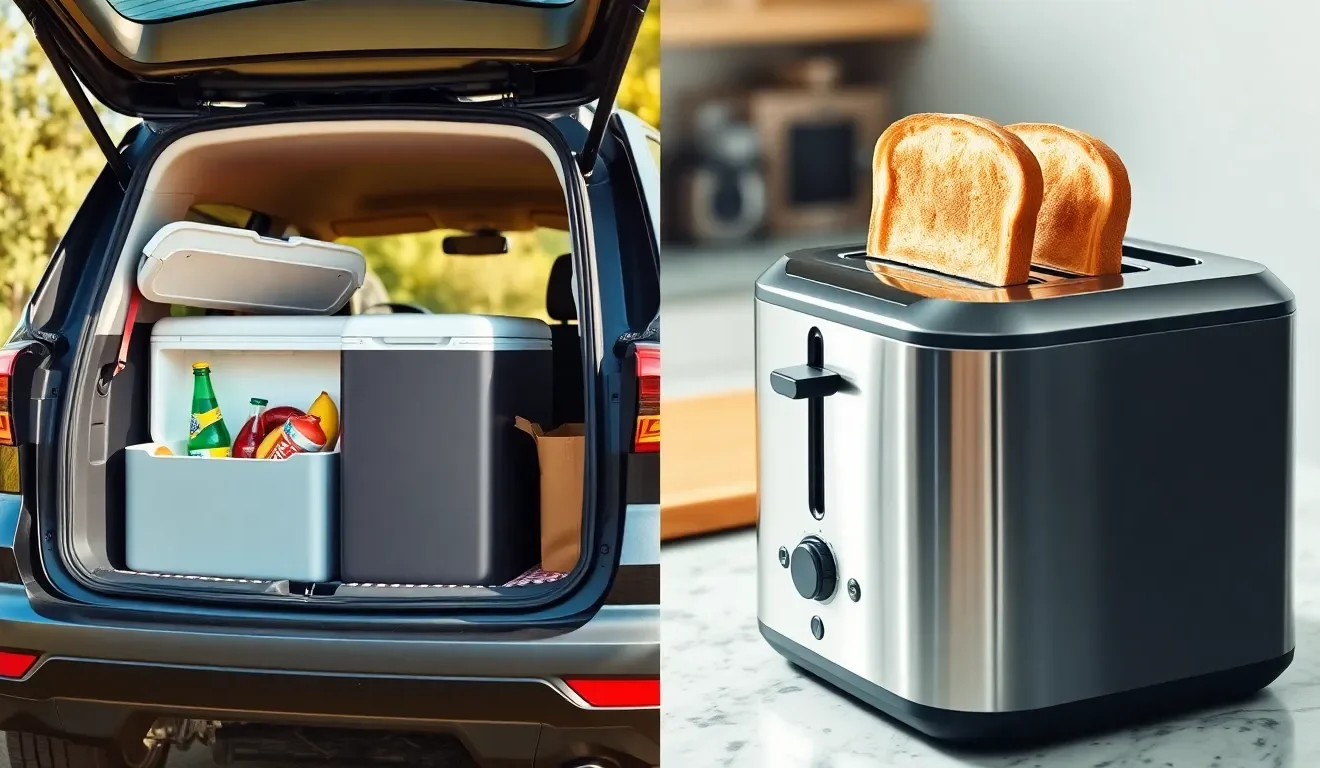 Lodówka turystyczna w samochodzie i toster na blacie, co ilustruje, jak używać tych urządzeń.
