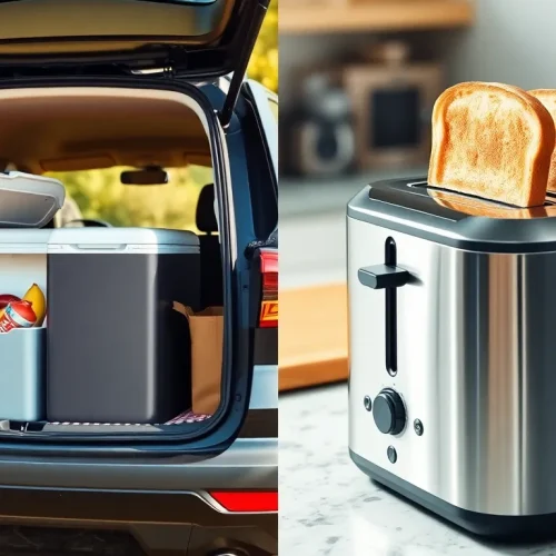 Lodówka turystyczna w samochodzie i toster na blacie, co ilustruje, jak używać tych urządzeń.
