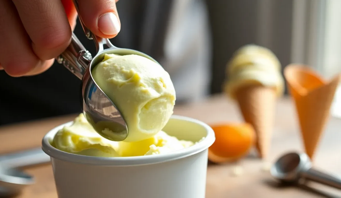 Mężczyzna, który pokazuje, jak używać łyżki do lodów do formowania idealnej gałki pysznych, pistacjowych lodów włoskich.