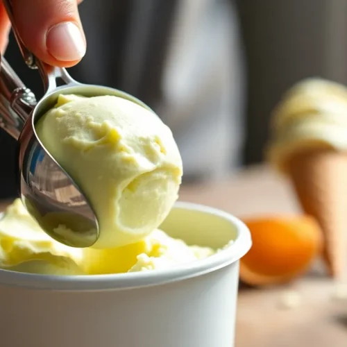 Mężczyzna, który pokazuje, jak używać łyżki do lodów do formowania idealnej gałki pysznych, pistacjowych lodów włoskich.
