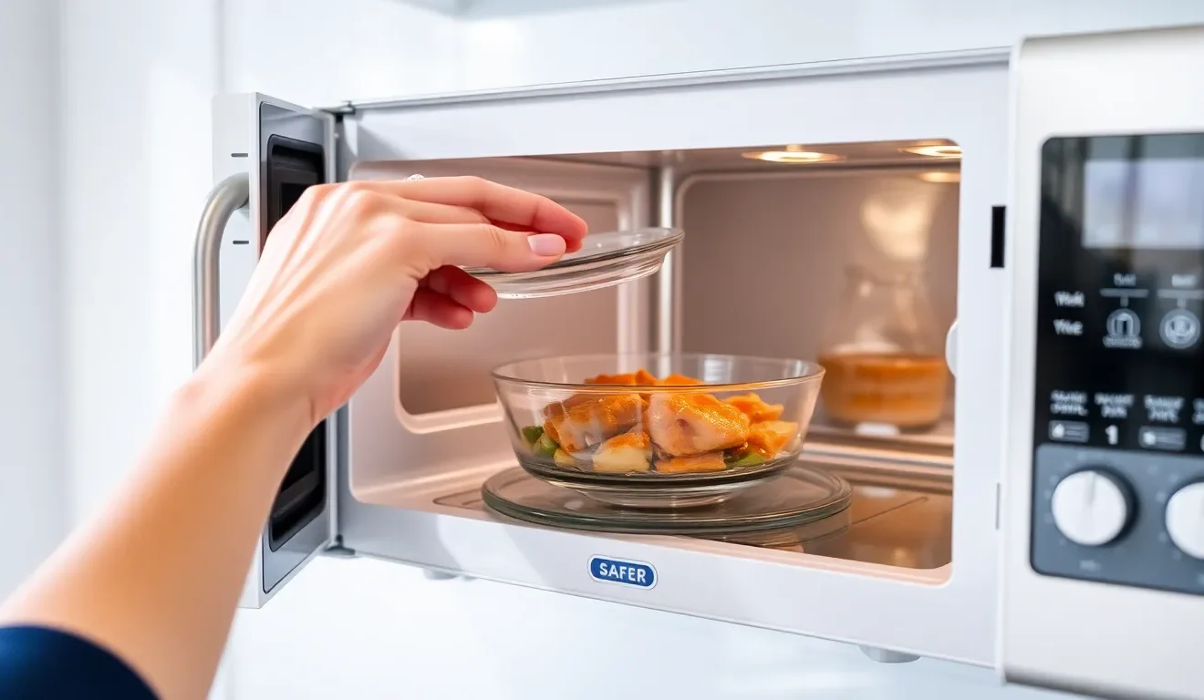 Osoba wkładająca naczynie do otwartej kuchenki mikrofalowej, co wyjaśnia jak używać mikrofalówki.