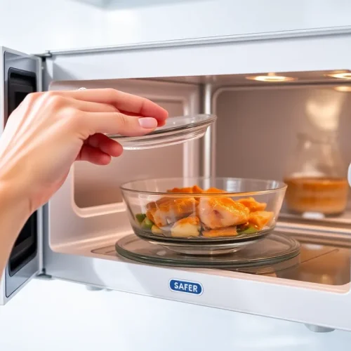 Osoba wkładająca naczynie do otwartej kuchenki mikrofalowej, co wyjaśnia jak używać mikrofalówki.