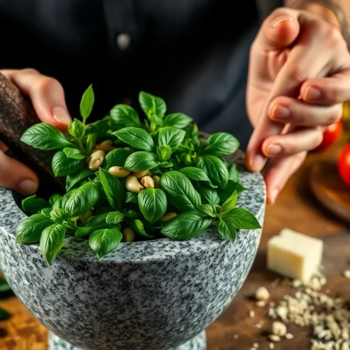 Mężczyzna ugniatający świeże składniki na pesto w kamiennym moździerzu, pokazujący jak używać moździerza do ziół i przypraw.