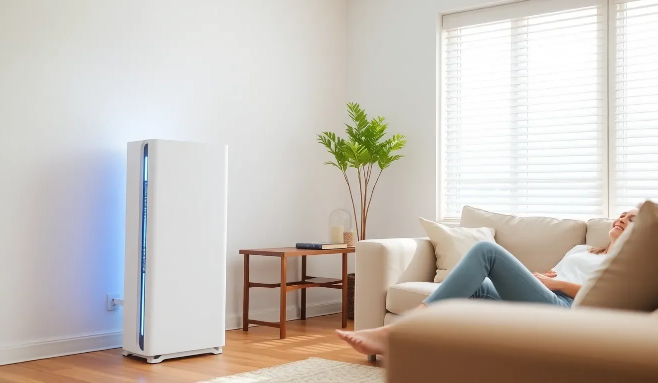 Nowoczesny oczyszczacz powietrza w salonie, co ilustruje, jak używać oczyszczacza powietrza.