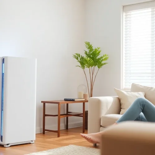 Nowoczesny oczyszczacz powietrza w salonie, co ilustruje, jak używać oczyszczacza powietrza.