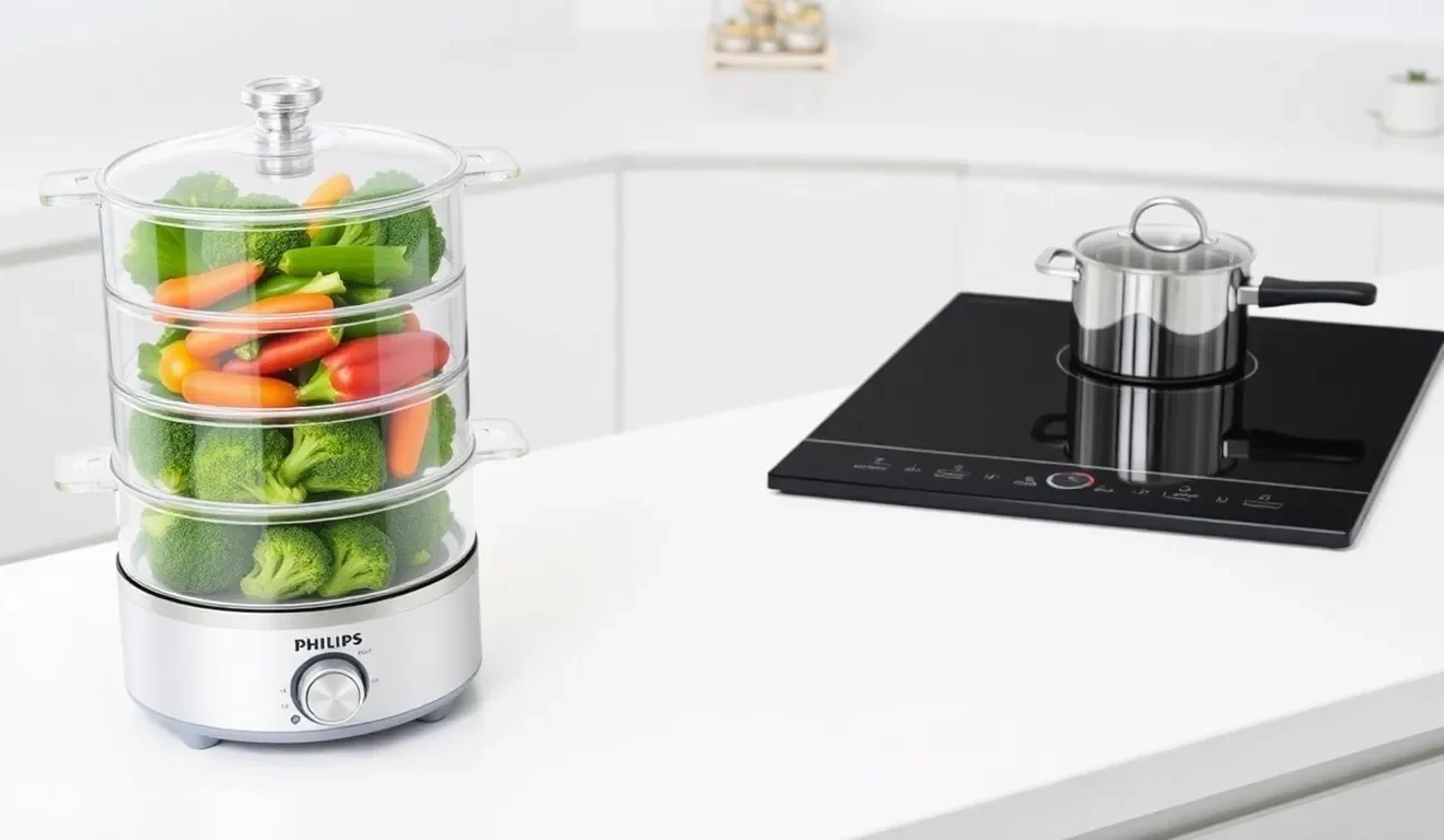 Parownica z warzywami i nowoczesna kuchenka elektryczna, co ilustruje, jak używać tych urządzeń.