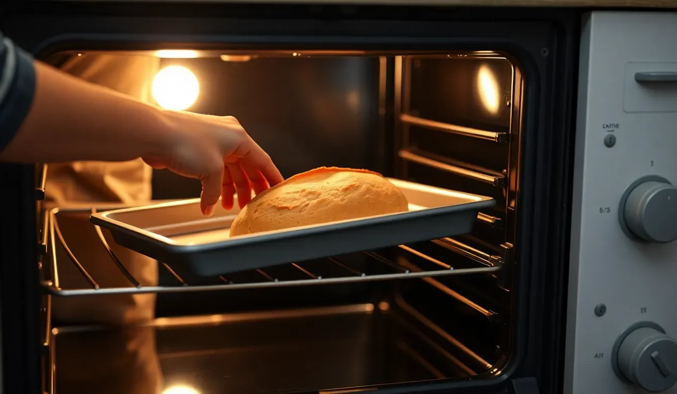 Osoba wkładająca chleb do piekarnika, co ilustruje, jak używać piekarnika i jego funkcji.