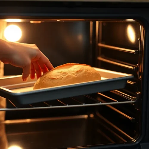Osoba wkładająca chleb do piekarnika, co ilustruje, jak używać piekarnika i jego funkcji.