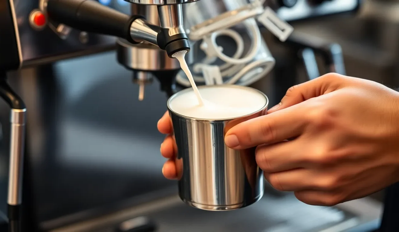 Barista spieniający mleko w metalowym dzbanku, co pokazuje, jak używać spieniacza do mleka w ekspresie.