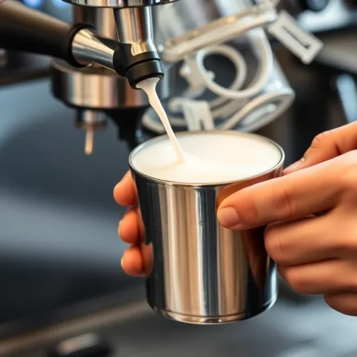 Barista spieniający mleko w metalowym dzbanku, co pokazuje, jak używać spieniacza do mleka w ekspresie.