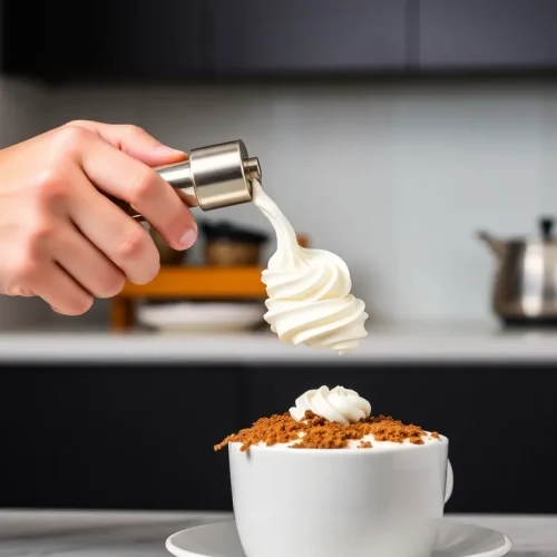 Osoba dekorująca deser bitą śmietaną z syfonu, co pokazuje, jak używać syfonu do bitej śmietany.