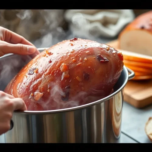 Osoba wyjmująca gotową szynkę z szynkowaru, co pokazuje, jak używać tego urządzenia.