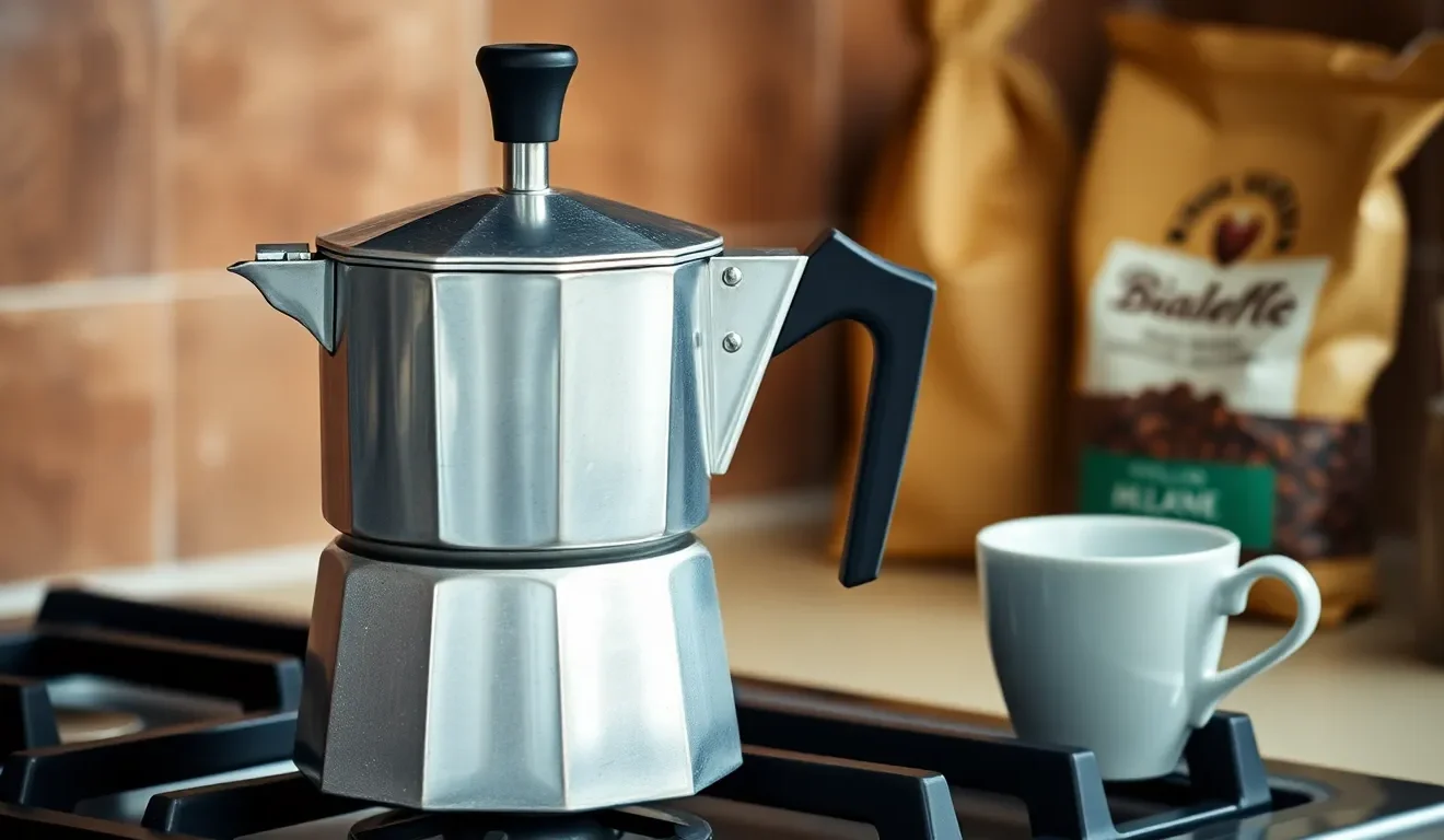 Srebrna kawiarka ciśnieniowa na kuchence, z której wypływa kawa, co ilustruje jak używać kawiarki.