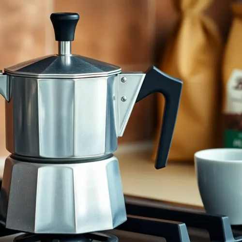 Srebrna kawiarka ciśnieniowa na kuchence, z której wypływa kawa, co ilustruje jak używać kawiarki.