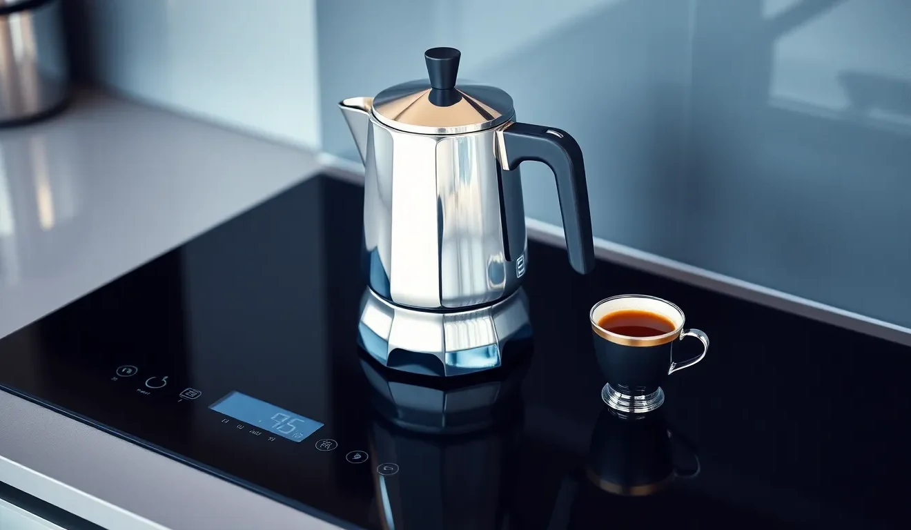 Stalowa kawiarka ciśnieniowa na płycie indukcyjnej, co ilustruje, jak używać kawiarki na indukcji.