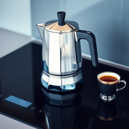 Stalowa kawiarka ciśnieniowa na płycie indukcyjnej, co ilustruje, jak używać kawiarki na indukcji.