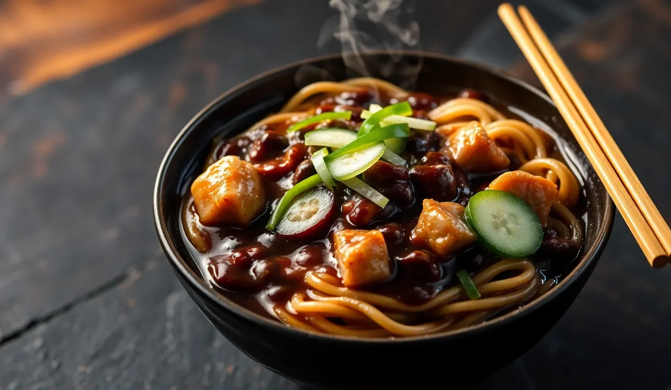 Autentyczna koreańska pasta z czarnej fasoli, czyli sos Jajang, podana na makaronie z ogórkiem.