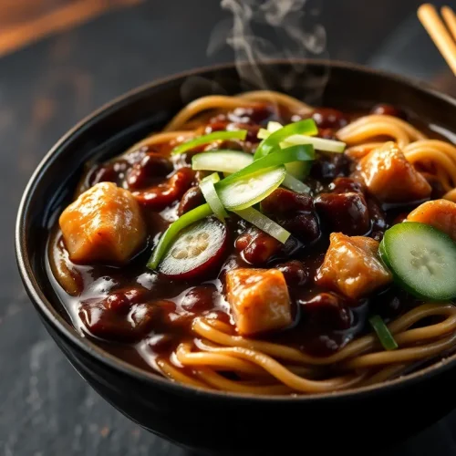 Autentyczna koreańska pasta z czarnej fasoli, czyli sos Jajang, podana na makaronie z ogórkiem.