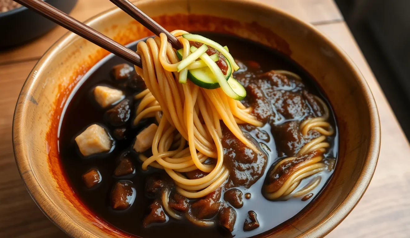 Prosty przepis na koreański makaron z pastą z czarnej fasoli (Jajangmyeon), podany w misce ze świeżym ogórkiem.