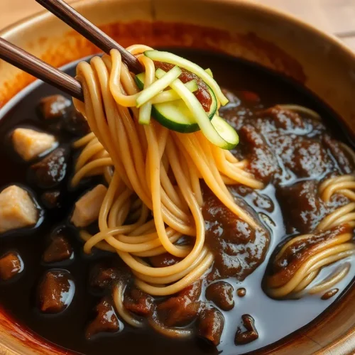 Prosty przepis na koreański makaron z pastą z czarnej fasoli (Jajangmyeon), podany w misce ze świeżym ogórkiem.