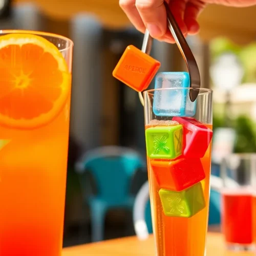 Kolorowe, plastikowe kostki lodu wielokrotnego użytku w szklance z letnim drinkiem, pokazujące jak używać ich do chłodzenia.