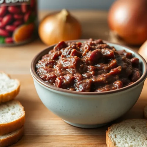 Prosty przepis na tanią, kryzysową pastę z czerwonej fasoli, podaną w misce obok kromek chleba.