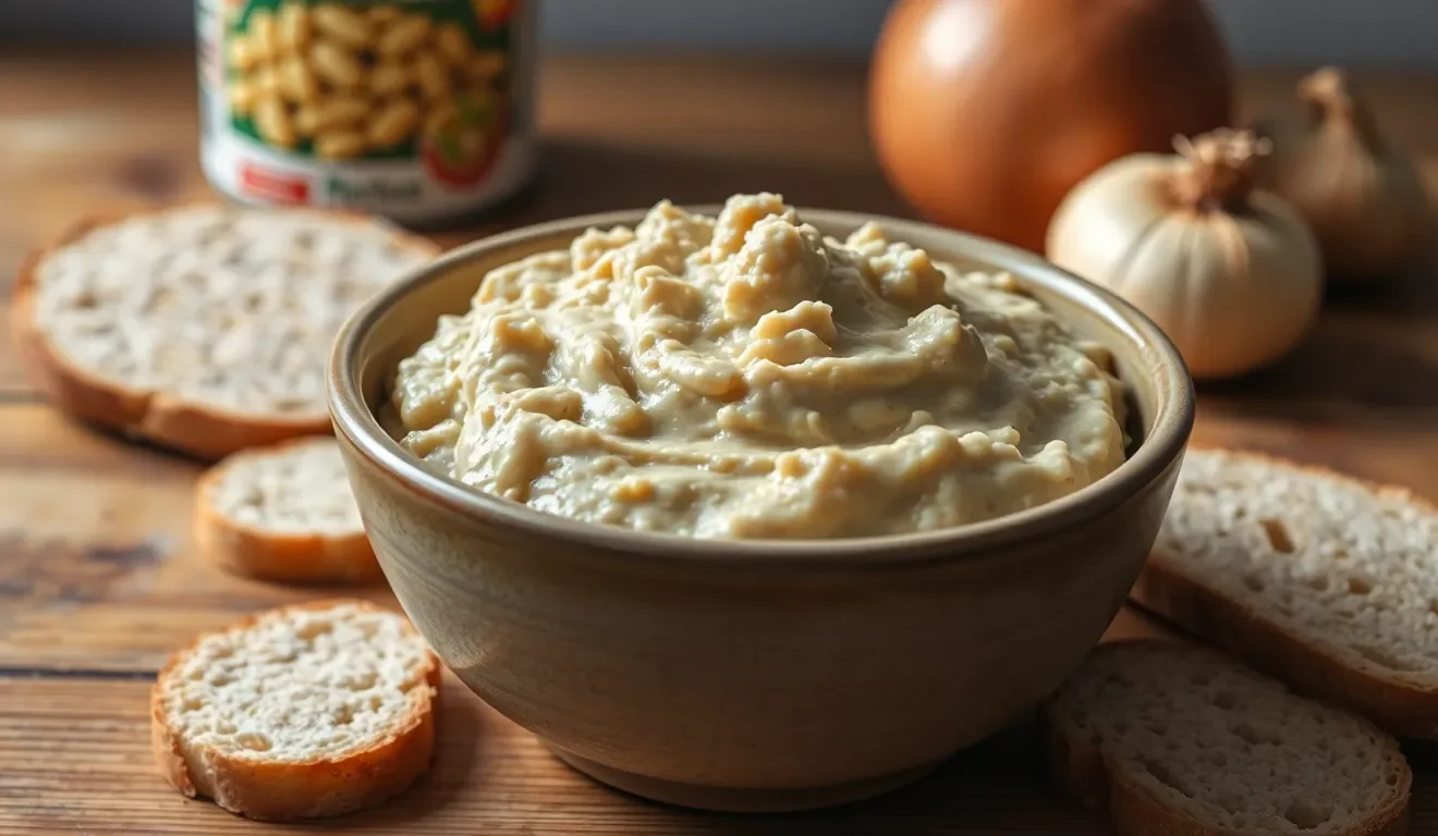 Prosty przepis na tanią, kryzysową pastę z fasoli, podaną w misce obok kromek chleba i cebuli.