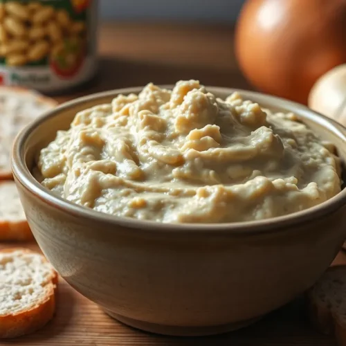 Prosty przepis na tanią, kryzysową pastę z fasoli, podaną w misce obok kromek chleba i cebuli.